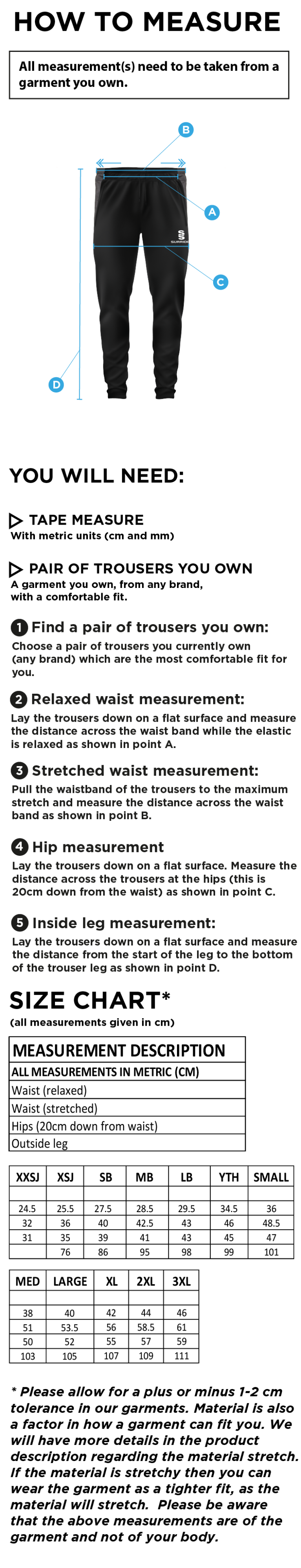 Three Bridges CC - Tek Training Pant - Size Guide