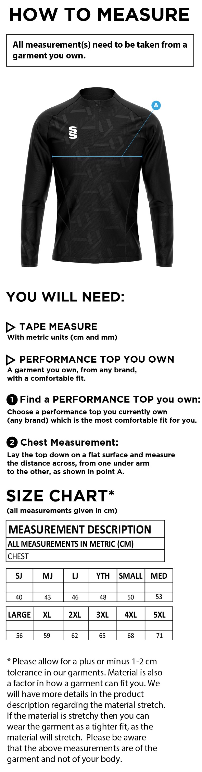 Impact 1/4 Zip Performance Top - Black - Size Guide