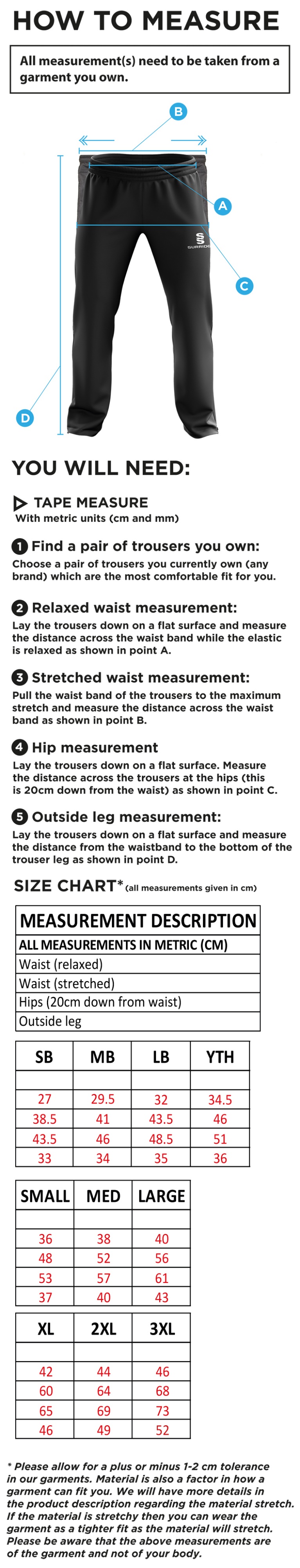 Three Bridges CC - Ripstop Track Pants - Size Guide