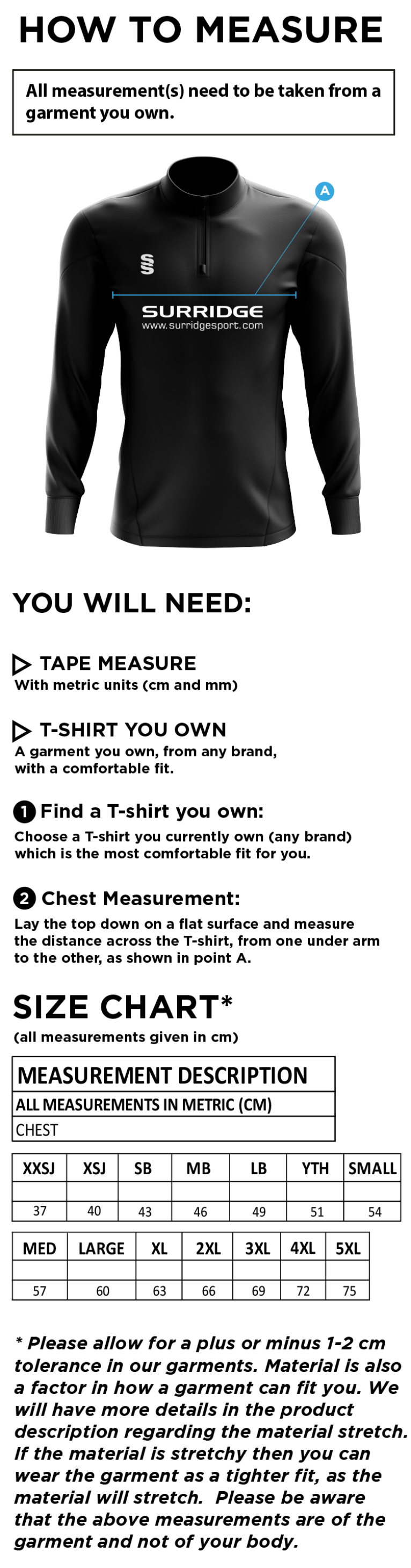 Three Bridges CC - Blade Performance Top - Size Guide