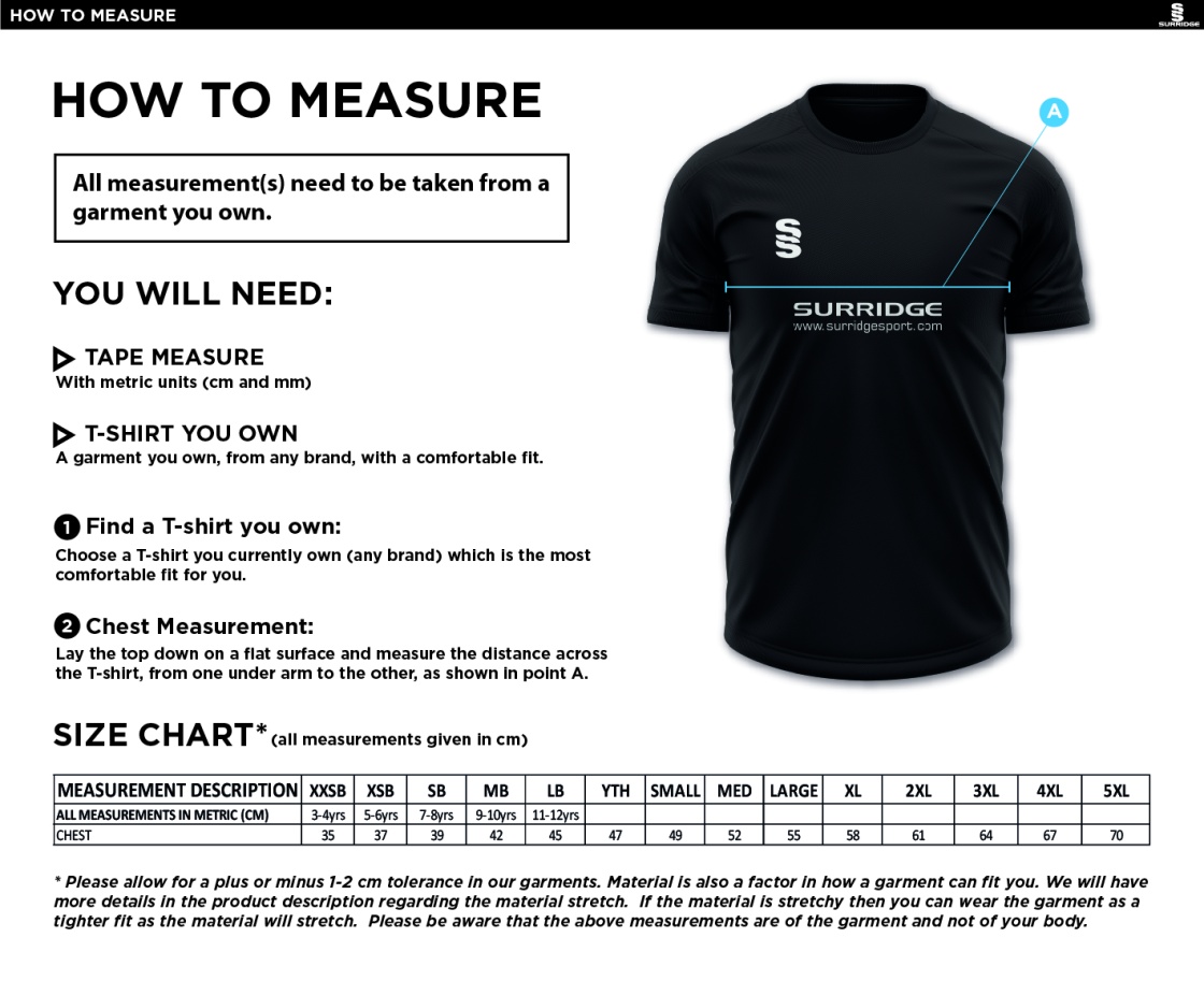 Three Bridges CC - Blade Training Shirt - Size Guide