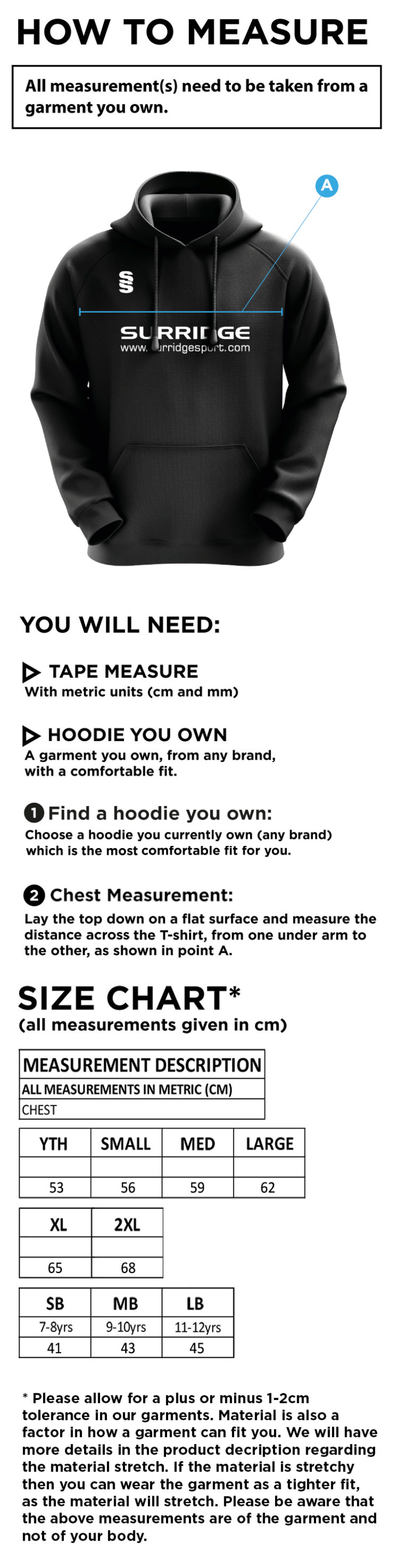 Three Bridges CC - Blade Hoody - Size Guide