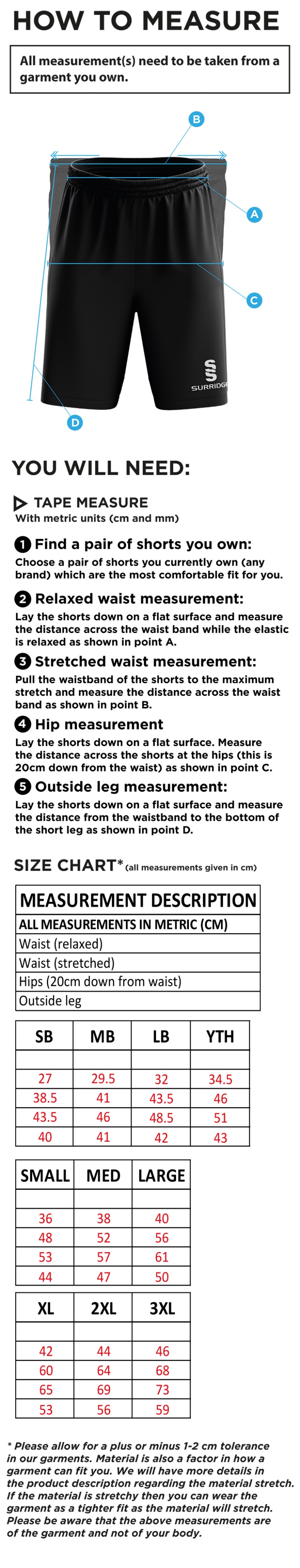 Three Bridge CC - Blade Training Shorts - Size Guide