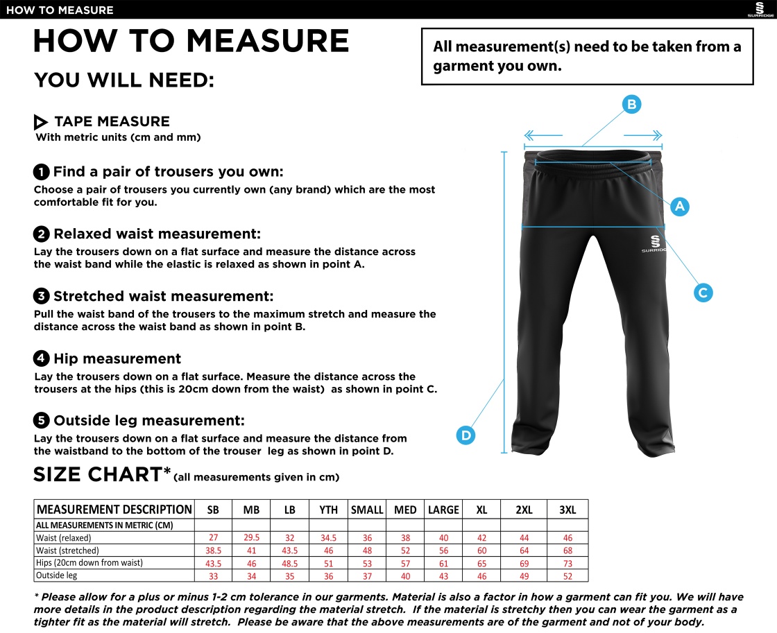 Three Bridges CC - Ripstop Track Pants - Size Guide