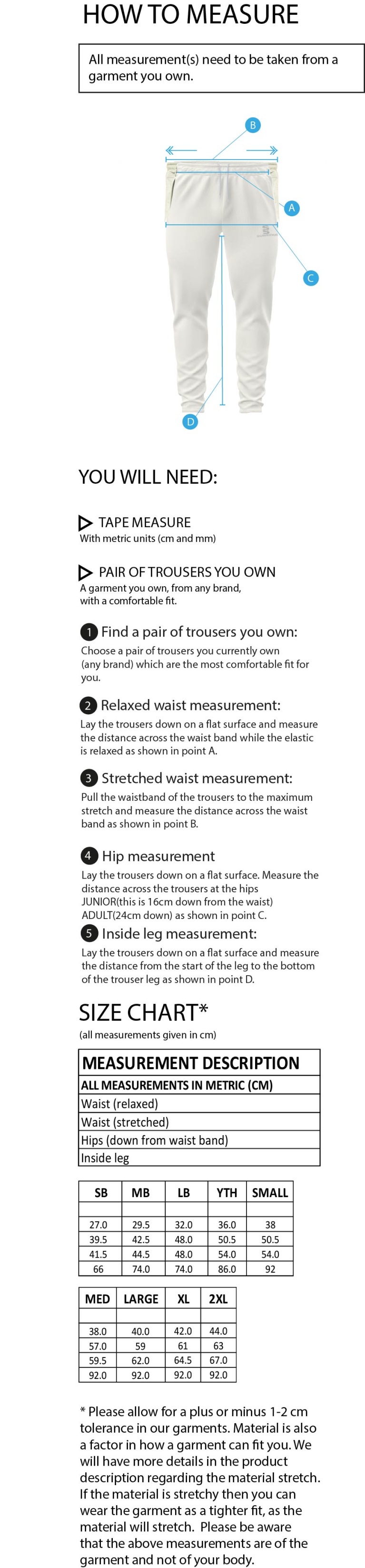 Three Bridges CC - Ergo Playing Pant - Size Guide